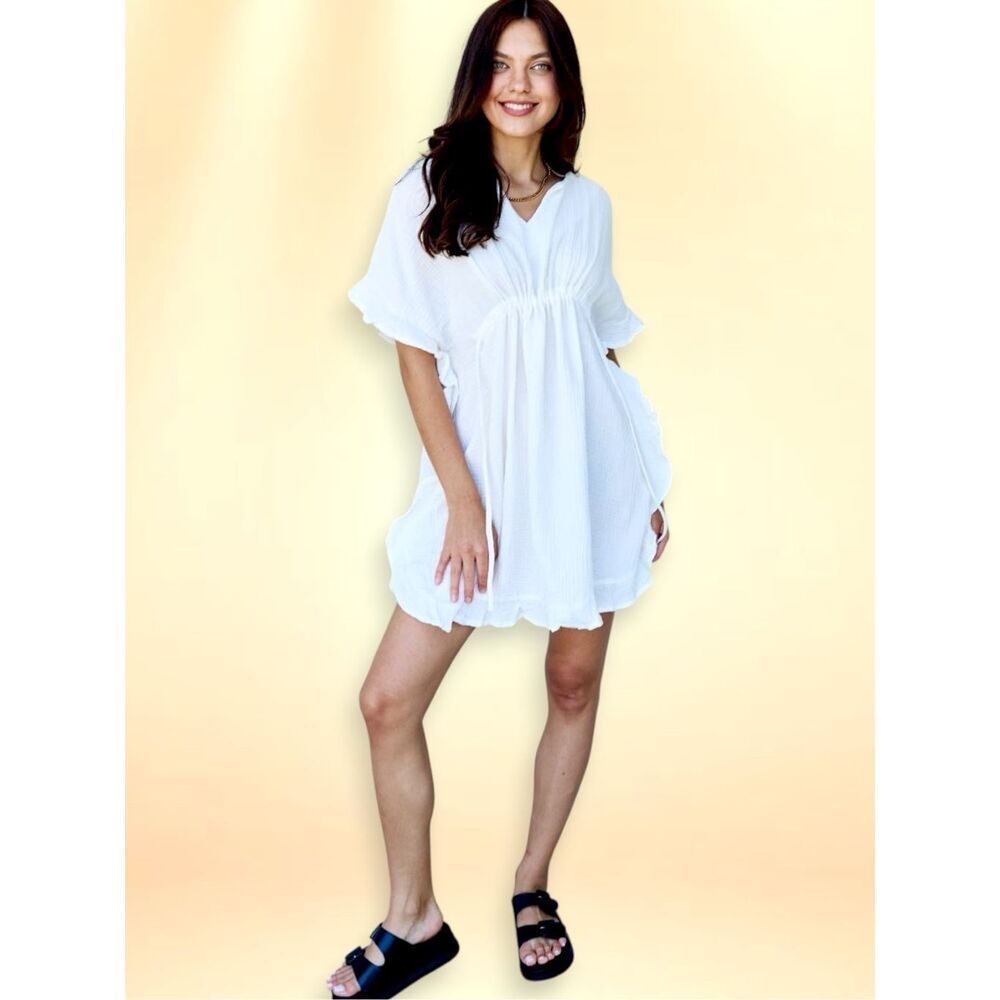 White Flowy Babydoll Mini Dress Drawstring Waist Boho Beach Cover Up Ruffle Hem - Picture 4 of 12